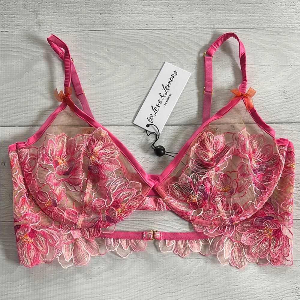 For Love‎ & Lemons Hibiscus Embroidery Pink Floral Lace Underwire Bra Sz 38C